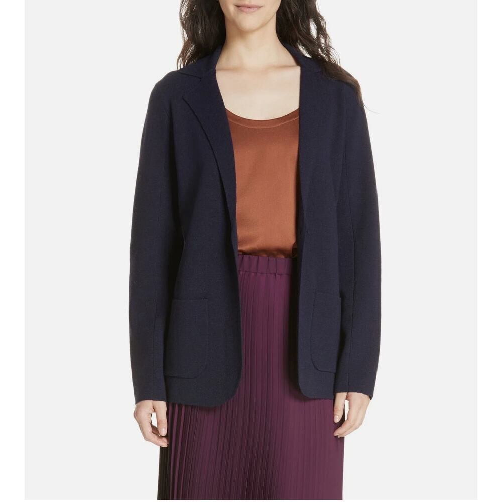 Eileen Fisher Navy Merino Wool Notch Collar Cardigan Sweater Blazer P Medium